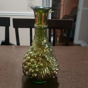 Vintage Unmarked Carnival Glass Green Iridescent Grape 9" Decanter No Stopper